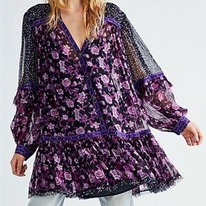 Free People Rosebud print mix Boho Floral V-Neck Long Sleeve mini dress Medium